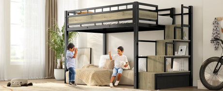 Twin Industrial Metal Low Loft Bunk Bed With Stairs Guardrail - Omega Lifestyles