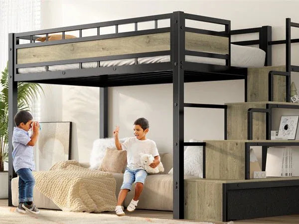 Twin Industrial Metal Low Loft Bunk Bed With Stairs Guardrail - Omega Lifestyles