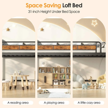 Twin Industrial Metal Low Loft Bunk Bed With Stairs Guardrail - Omega Lifestyles