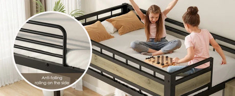 Twin Industrial Metal Low Loft Bunk Bed With Stairs Guardrail - Omega Lifestyles