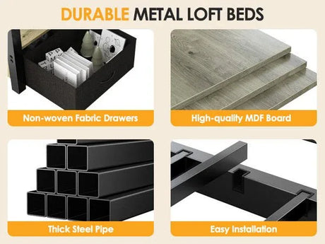 Twin Industrial Metal Low Loft Bunk Bed With Stairs Guardrail - Omega Lifestyles