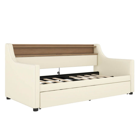 Twin PU Leather Daybed With Trundle Charging Station And LED Light - Sleep Galleria