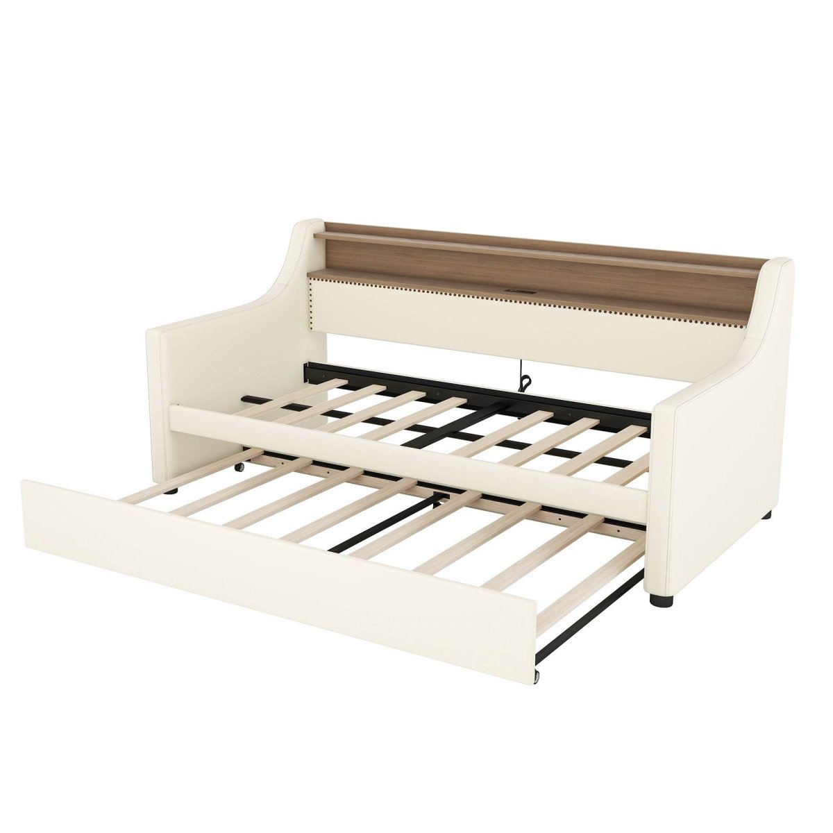 Twin PU Leather Daybed With Trundle Charging Station And LED Light - Sleep Galleria
