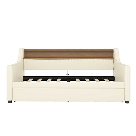 Twin PU Leather Daybed With Trundle Charging Station And LED Light - Sleep Galleria