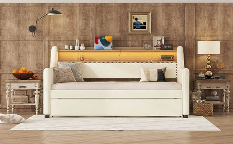 Twin PU Leather Daybed With Trundle Charging Station And LED Light - Sleep Galleria