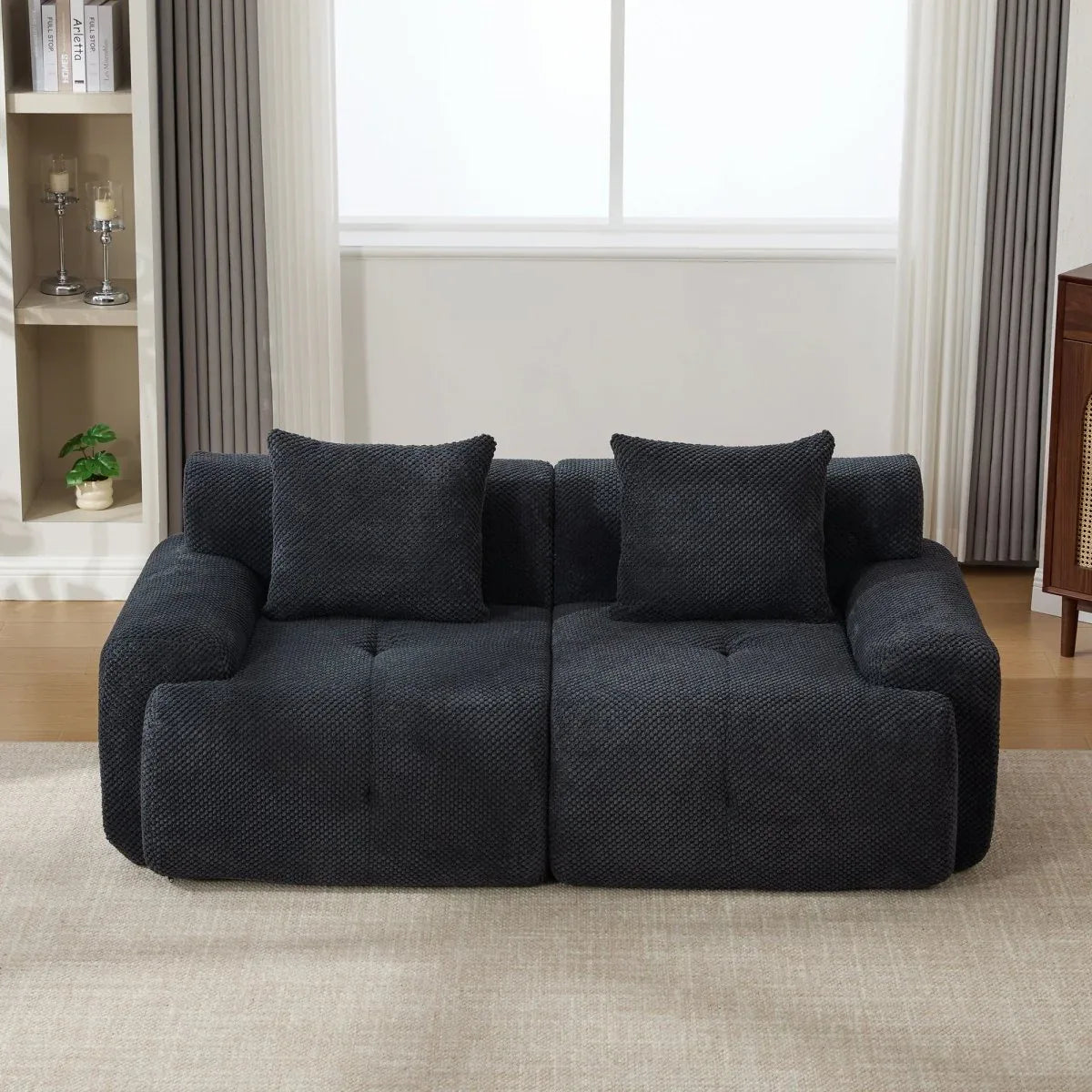 Charcoal Tufted Comfy Fuzzy Fabric Loveseat With Pillows - Omega Lifestyles