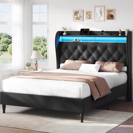 Corduroy Upholstered Platform Bed Frame with LED Lighting and Charging Station - Omega Lifestyles