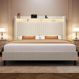 Corduroy Upholstered Platform Bed Frame with LED Lighting and Charging Station - Omega Lifestyles