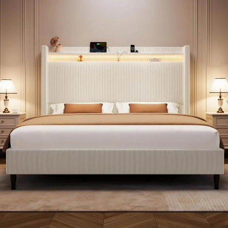 Corduroy Upholstered Platform Bed Frame with LED Lighting and Charging Station - Omega Lifestyles