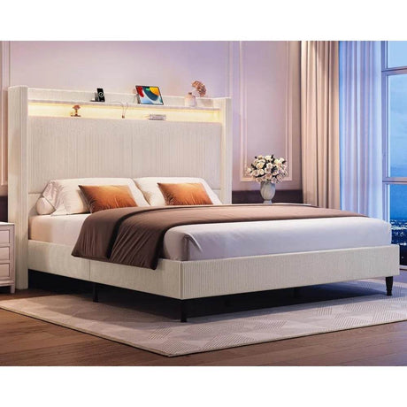 Corduroy Upholstered Platform Bed Frame with LED Lighting and Charging Station - Omega Lifestyles