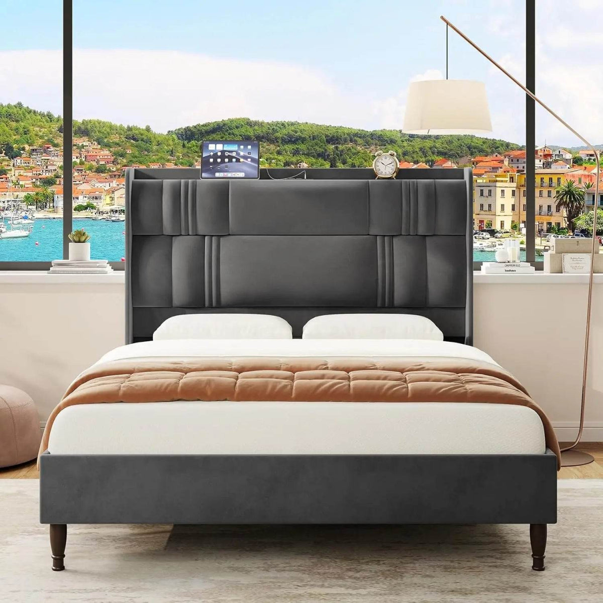 Corduroy Upholstered Platform Bed Frame with LED Lighting and Charging Station - Omega Lifestyles