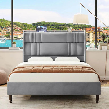 Corduroy Upholstered Platform Bed Frame with LED Lighting and Charging Station - Omega Lifestyles