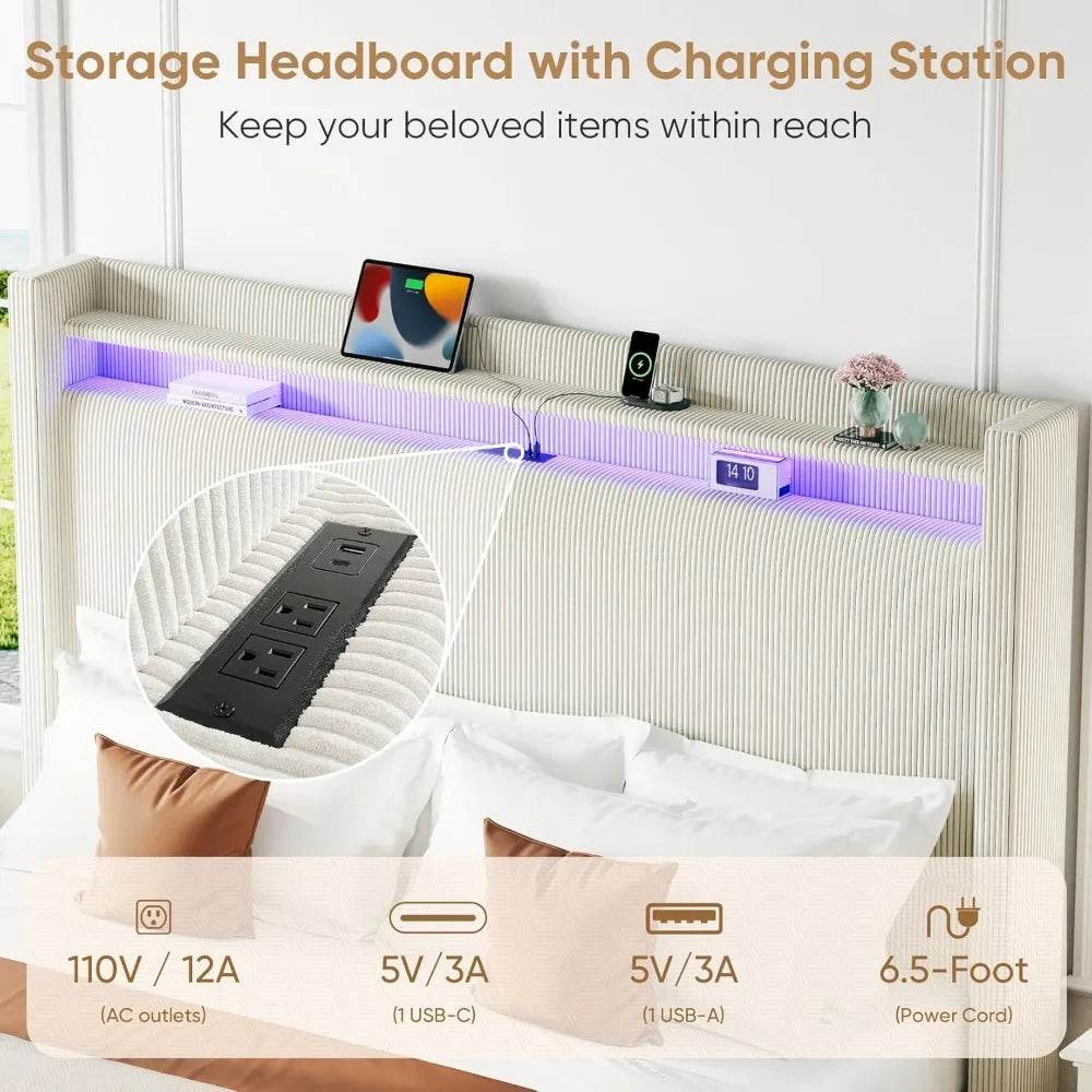 Corduroy Upholstered Platform Bed Frame with LED Lighting and Charging Station - Omega Lifestyles