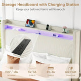 Corduroy Upholstered Platform Bed Frame with LED Lighting and Charging Station - Omega Lifestyles