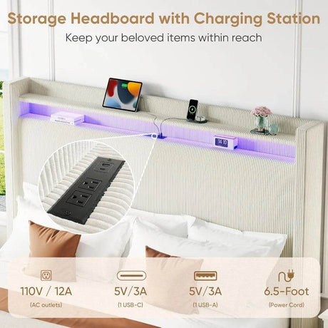 Corduroy Upholstered Platform Bed Frame with LED Lighting and Charging Station - Omega Lifestyles
