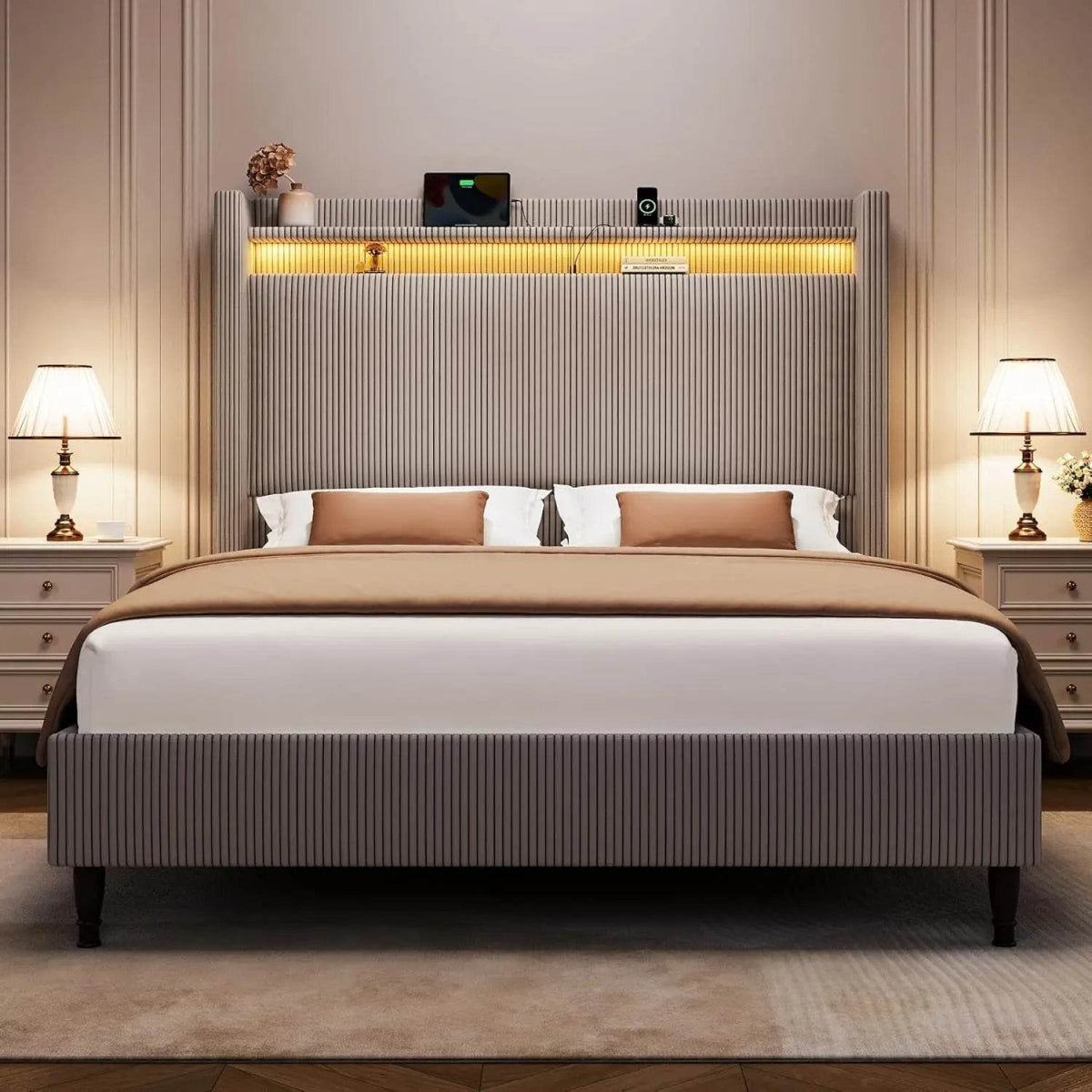 Corduroy Upholstered Platform Bed Frame with LED Lighting and Charging Station - Omega Lifestyles
