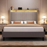 Corduroy Upholstered Platform Bed Frame with LED Lighting and Charging Station - Omega Lifestyles