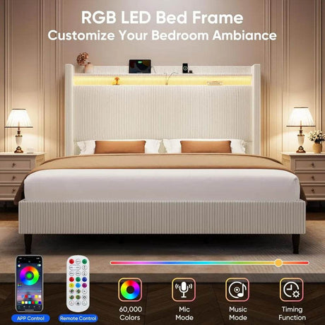 Corduroy Upholstered Platform Bed Frame with LED Lighting and Charging Station - Omega Lifestyles
