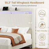 Corduroy Upholstered Platform Bed Frame with LED Lighting and Charging Station - Omega Lifestyles