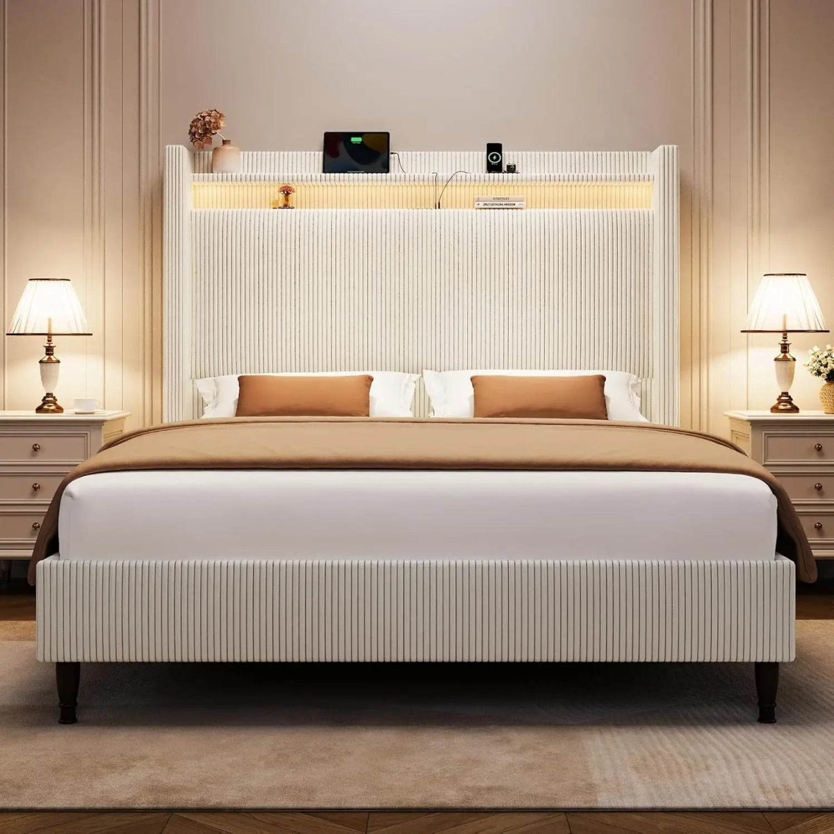 Corduroy Upholstered Platform Bed Frame with LED Lighting and Charging Station - Omega Lifestyles
