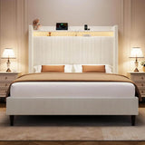 Corduroy Upholstered Platform Bed Frame with LED Lighting and Charging Station - Omega Lifestyles