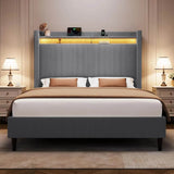 Corduroy Upholstered Platform Bed Frame with LED Lighting and Charging Station - Omega Lifestyles