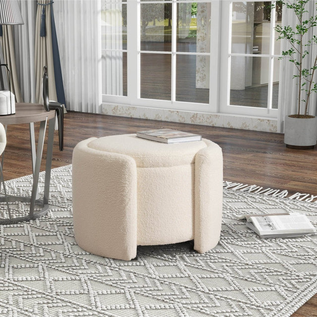 Round Storage Ottoman Soft Teddy Wool Footstool - Omega Lifestyles