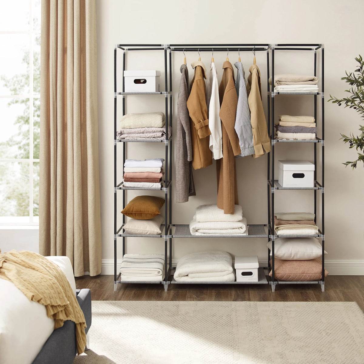 Portable Fabric Closet Wardrobe With Hanging Rod Organizer - Omega Lifestyles