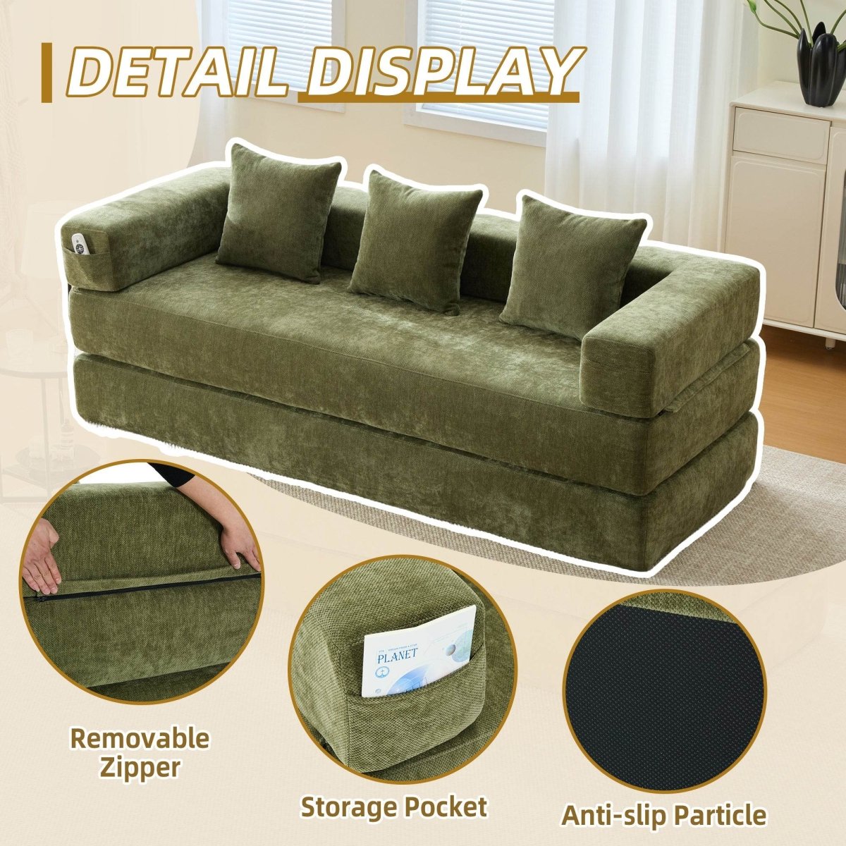 Foldable Chenille Foam Sofa Bed With Removable Cover - SUYOLS - Omega Lifestyles