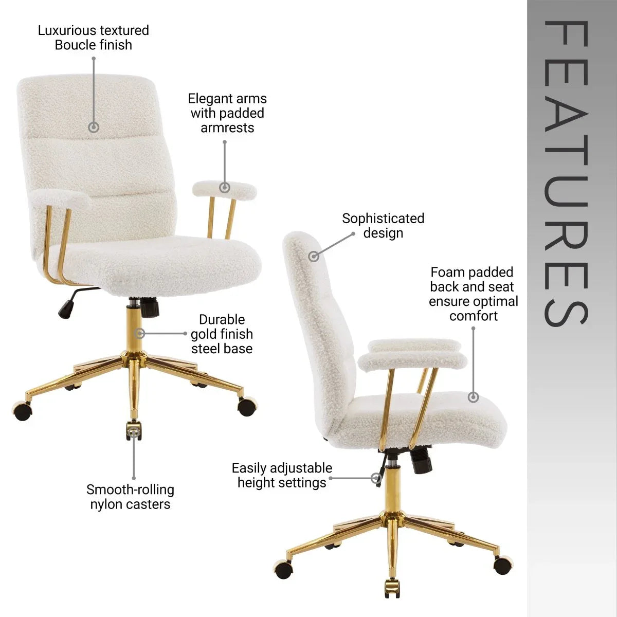 Modern Height Adjustable White Gold Boucle Office Chair - Omega Lifestyles