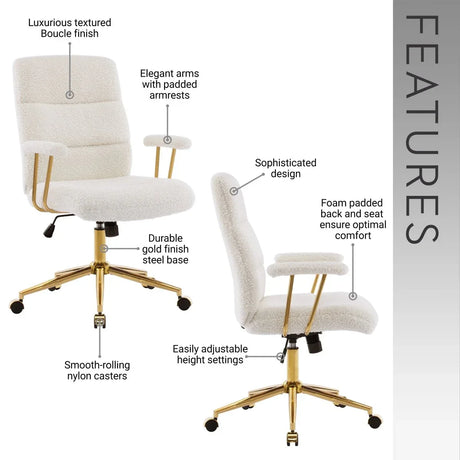 Modern Height Adjustable White Gold Boucle Office Chair - Omega Lifestyles