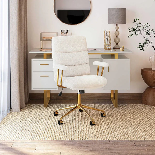 Modern Height Adjustable White Gold Boucle Office Chair - Omega Lifestyles