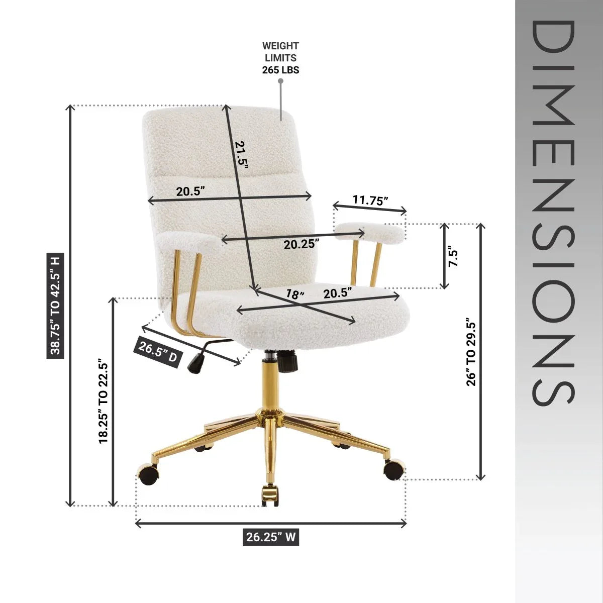 Modern Height Adjustable White Gold Boucle Office Chair - Omega Lifestyles