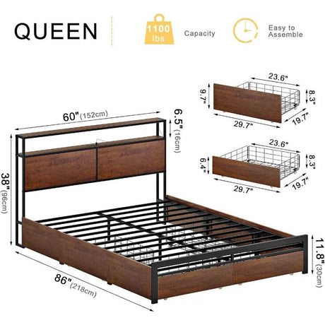 Metal Platform Bed Frame with Storage Headboard, 4 Drawers, LED Lights, and Charging Station - Omega Lifestyles