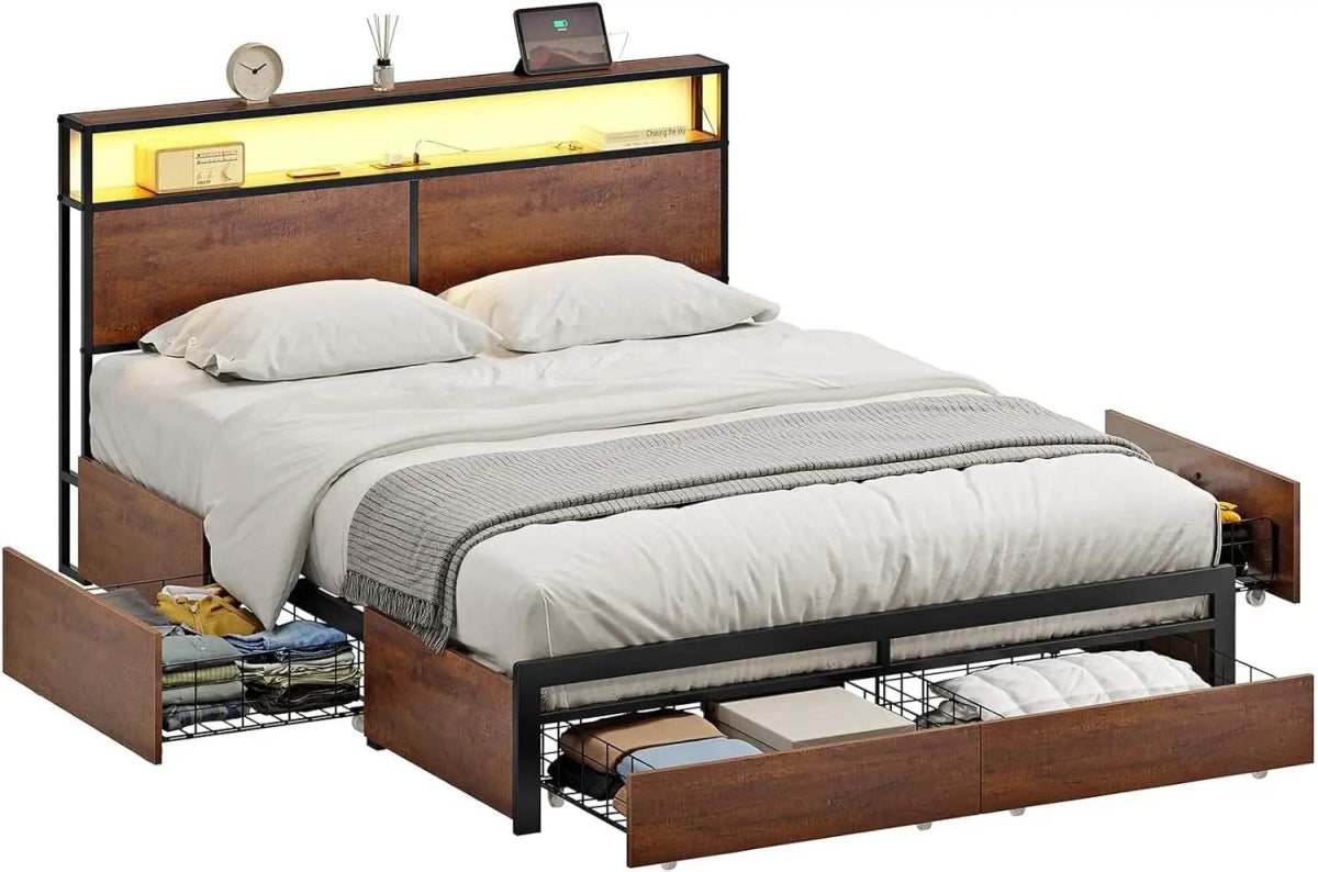 Metal Platform Bed Frame with Storage Headboard, 4 Drawers, LED Lights, and Charging Station - Omega Lifestyles