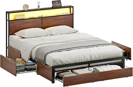 Metal Platform Bed Frame with Storage Headboard, 4 Drawers, LED Lights, and Charging Station - Omega Lifestyles
