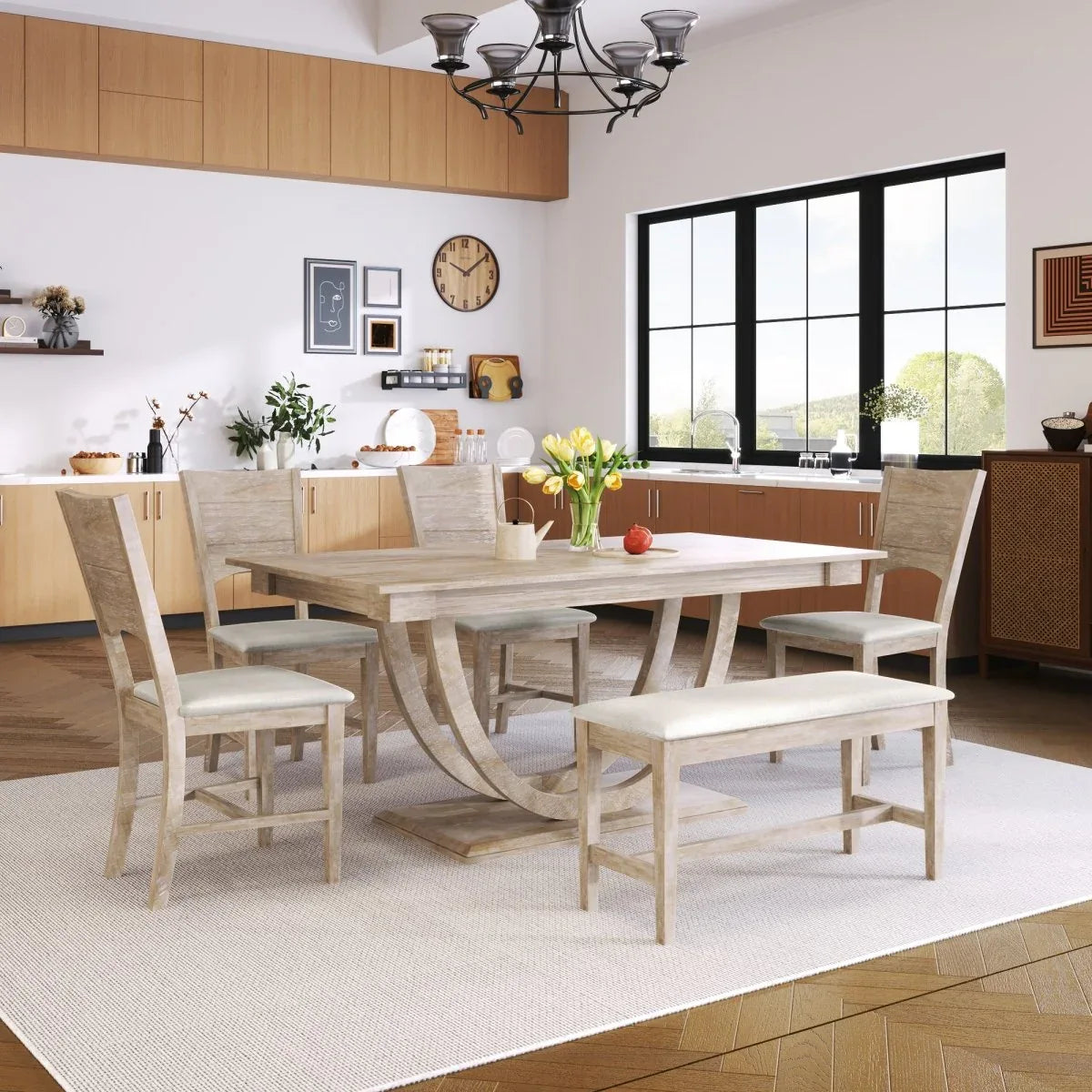 Modern Rubberwood Dining Table Set With Upholstered Seats - Omega Lifestyles
