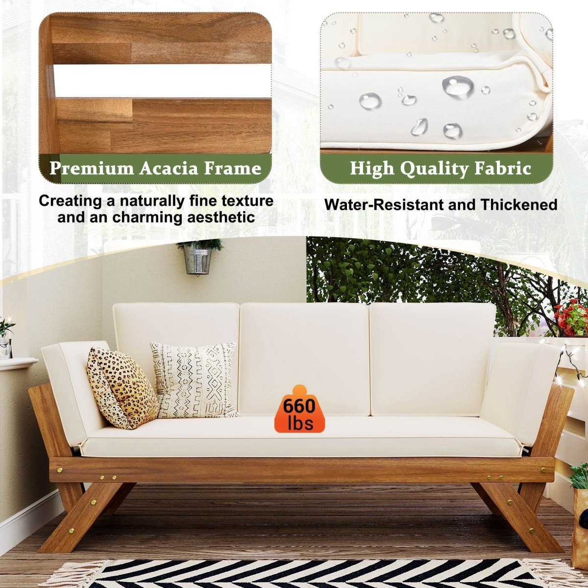 Outdoor Adjustable Acacia Wood Patio Daybed With Cushions - Omega Lifestyles