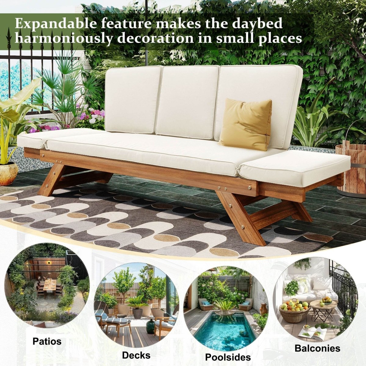 Outdoor Adjustable Acacia Wood Patio Daybed With Cushions - Omega Lifestyles