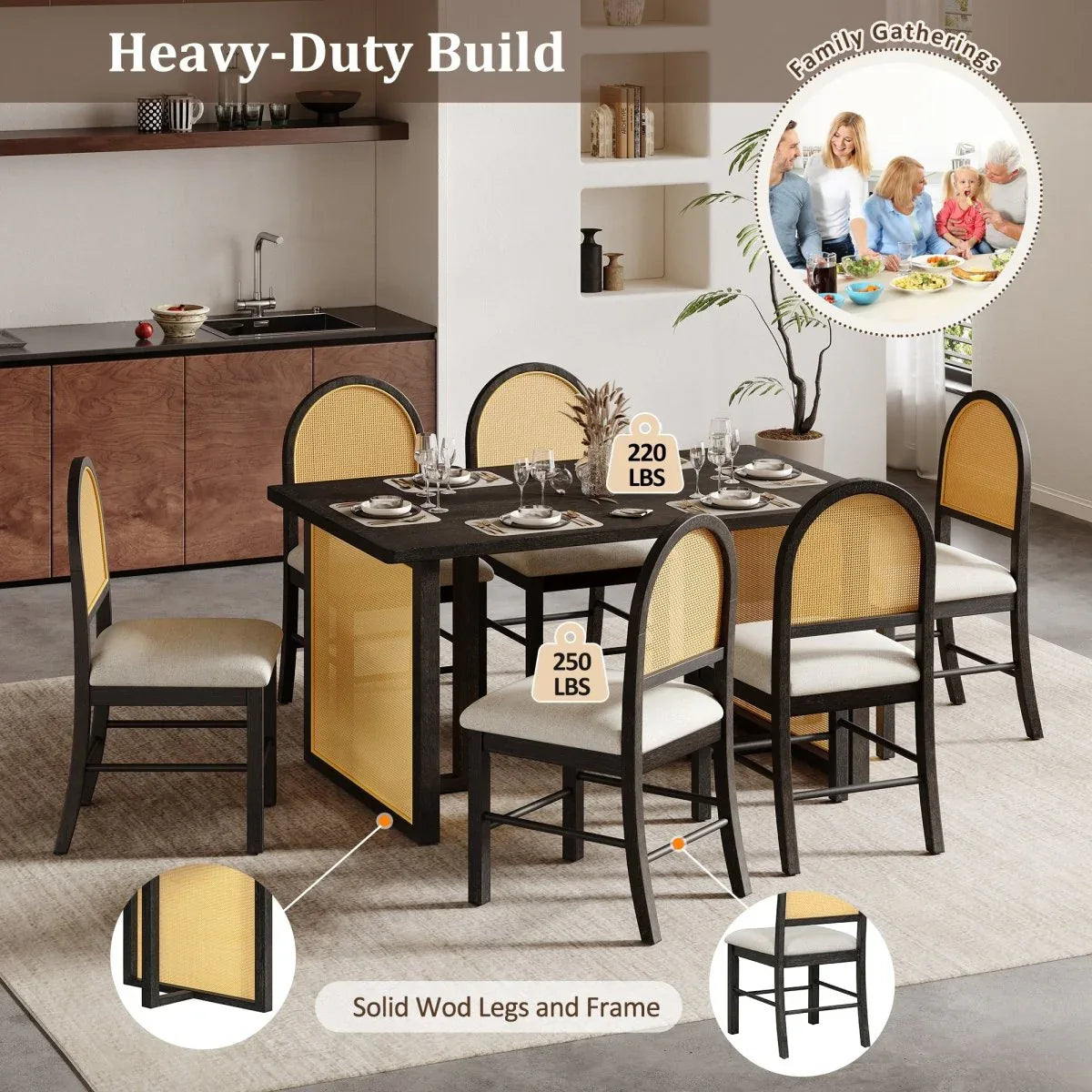 7-Piece Farmhouse Dining Table Set With Rattan Chairs - Omega Lifestyles