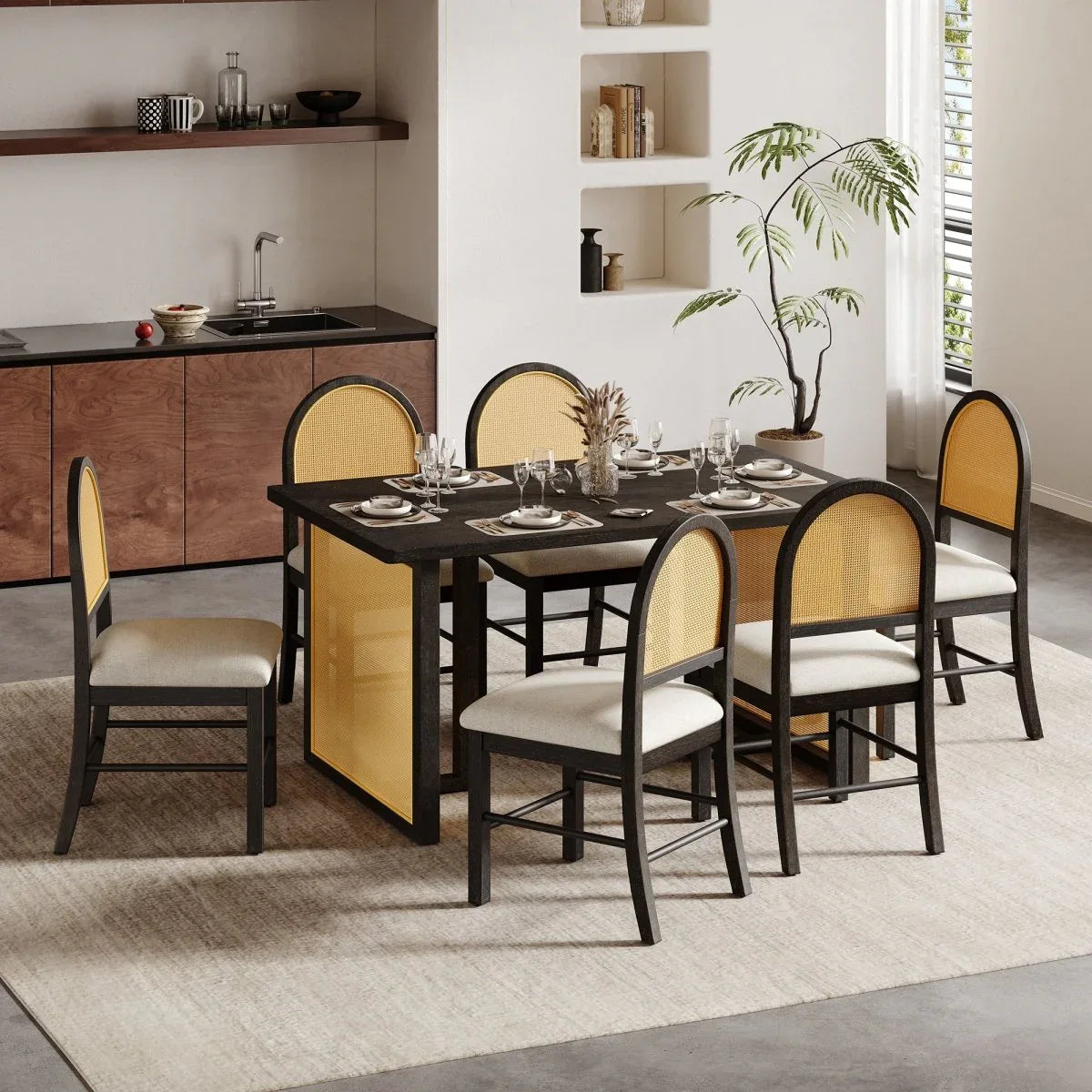 7-Piece Farmhouse Dining Table Set With Rattan Chairs - Omega Lifestyles