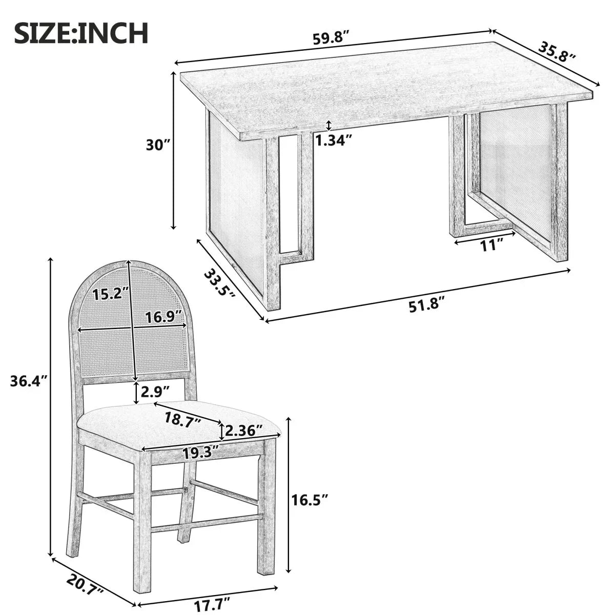 7-Piece Farmhouse Dining Table Set With Rattan Chairs - Omega Lifestyles