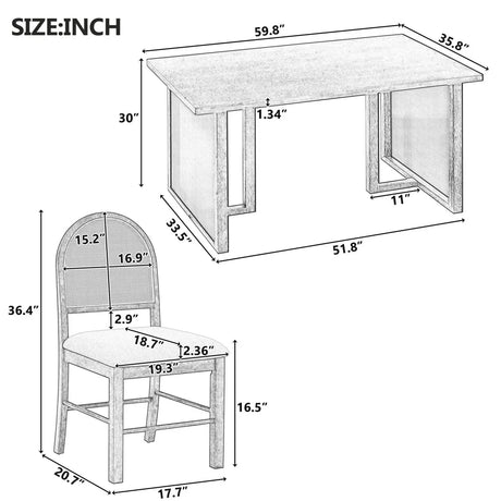7-Piece Farmhouse Dining Table Set With Rattan Chairs - Omega Lifestyles