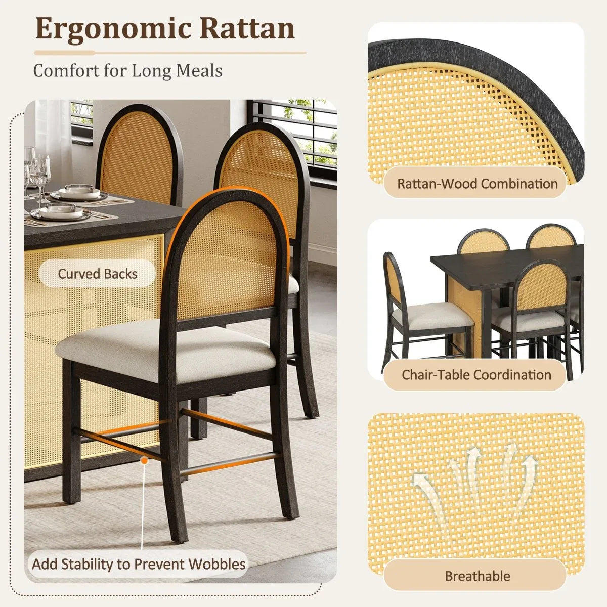 7-Piece Farmhouse Dining Table Set With Rattan Chairs - Omega Lifestyles