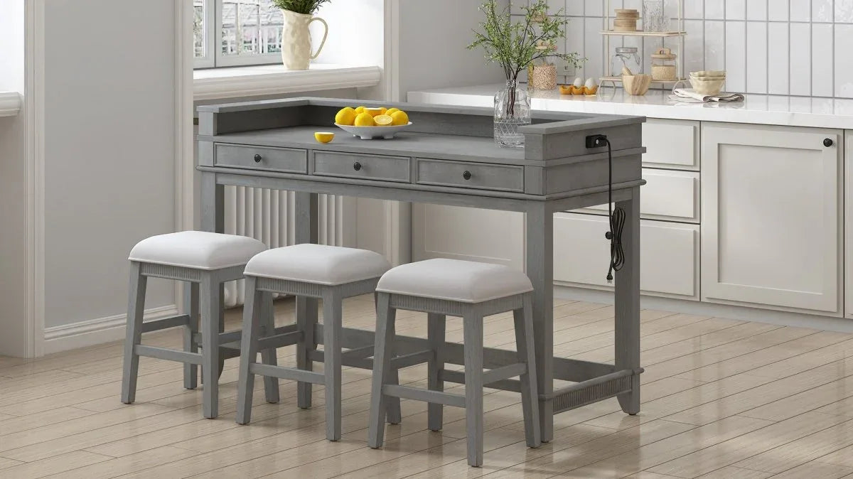 Retro Light Grey Solid Wood Bar Table Dining Set - Omega Lifestyles