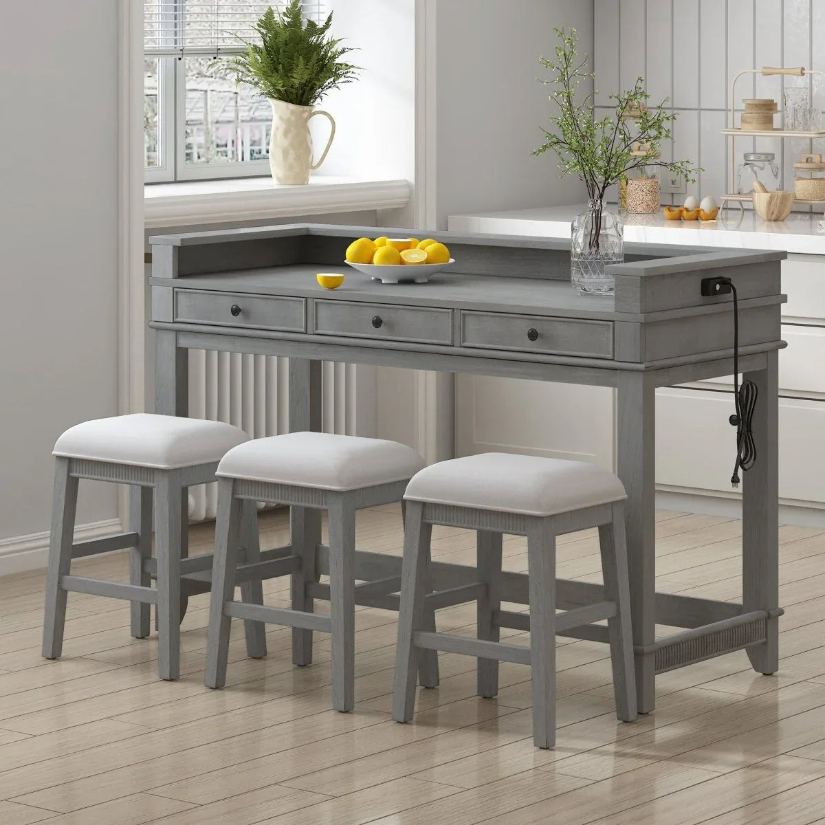 Retro Light Grey Solid Wood Bar Table Dining Set - Omega Lifestyles