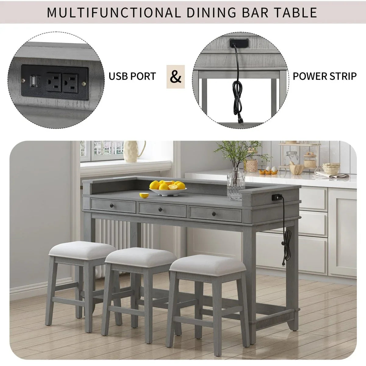 Retro Light Grey Solid Wood Bar Table Dining Set - Omega Lifestyles