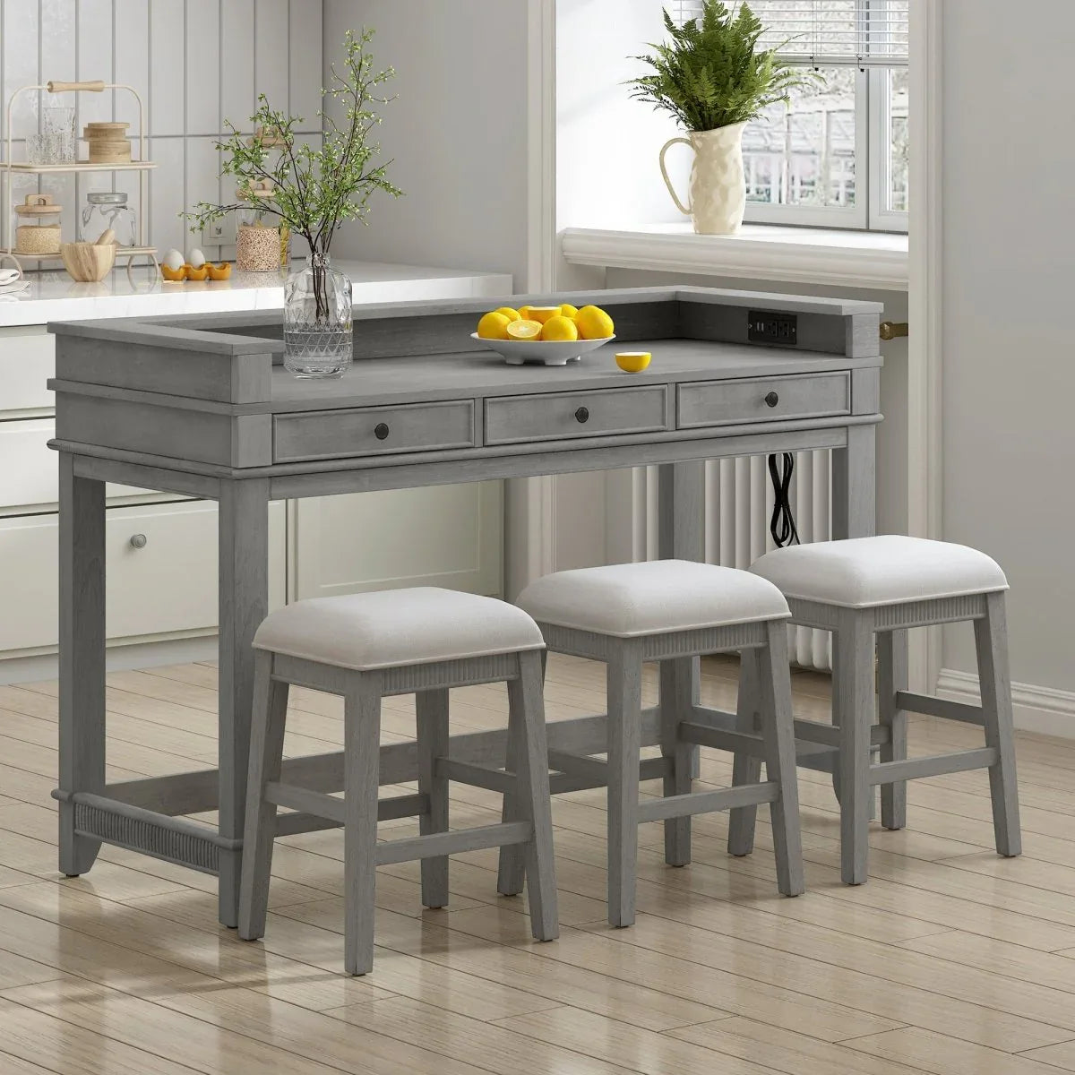 Retro Light Grey Solid Wood Bar Table Dining Set - Omega Lifestyles