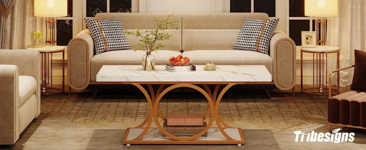 Modern 2-Tier Rectangular Marble Veneer Coffee Table - Omega Lifestyles