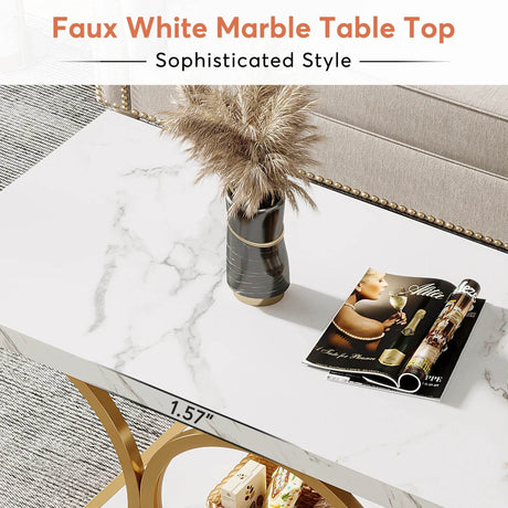 Modern 2-Tier Rectangular Marble Veneer Coffee Table - Omega Lifestyles